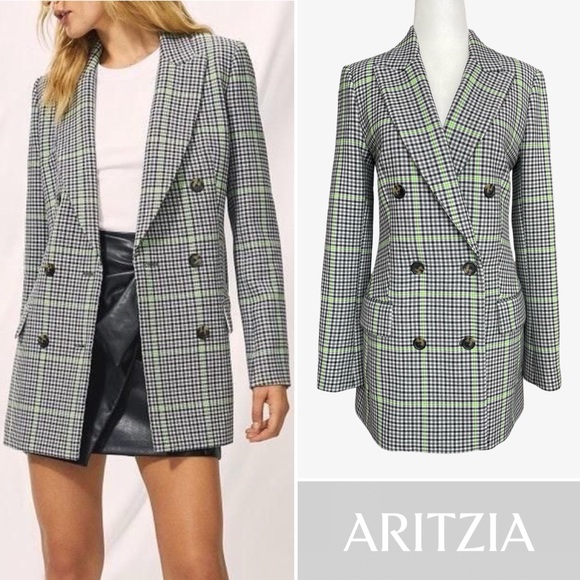 Aritzia Jackets & Blazers - Aritzia x Wilfred Margaux Gray Green Houndstooth Double-Breasted Blazer Sz 2 EUC